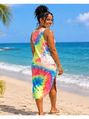 Colorful Tie Dye Sleeveless Crew Neck Midi Dress L